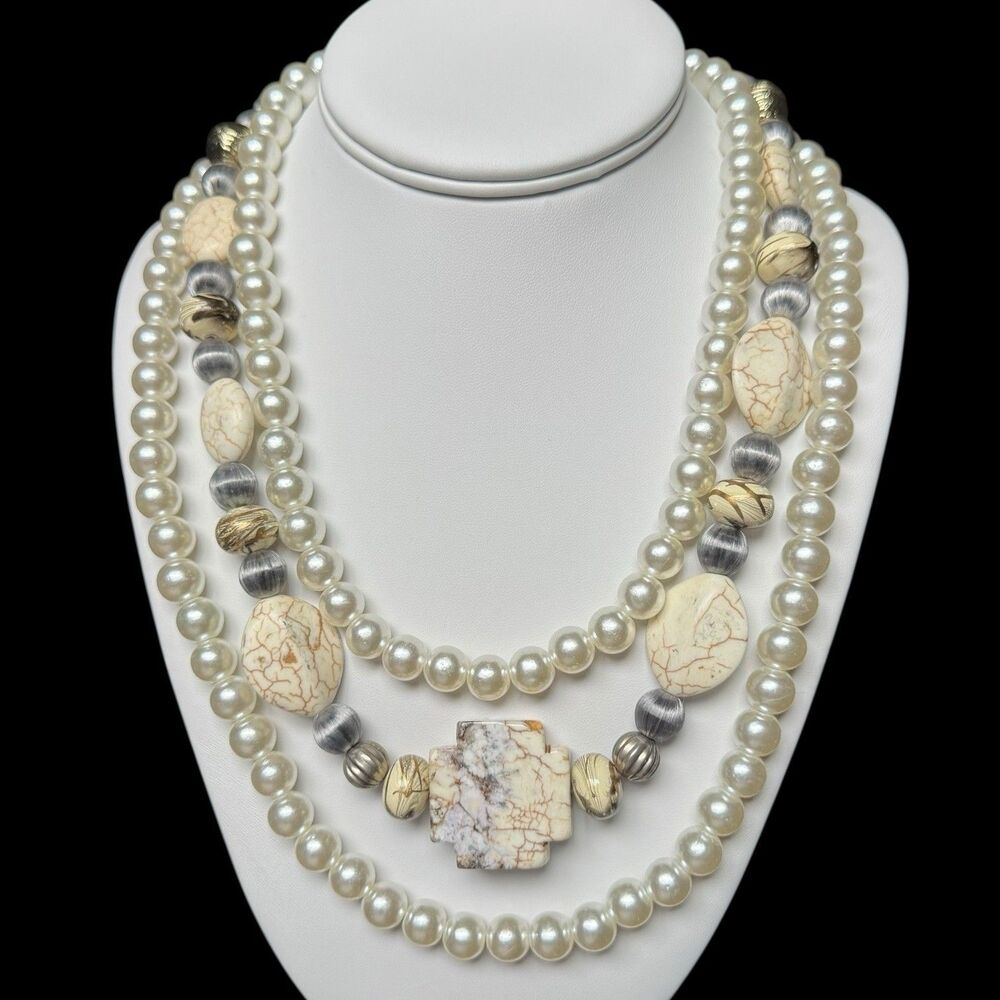 Vintage 1960's Grey Silk Beaded Magnesite Cross Necklace + 43” Long Faux Pearls